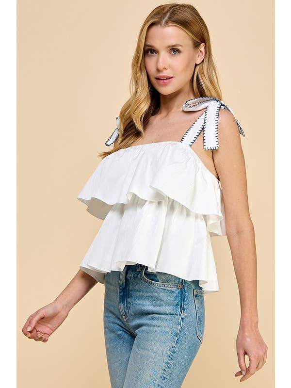 White Bow Tie Bliss Tiered Ruffle Top