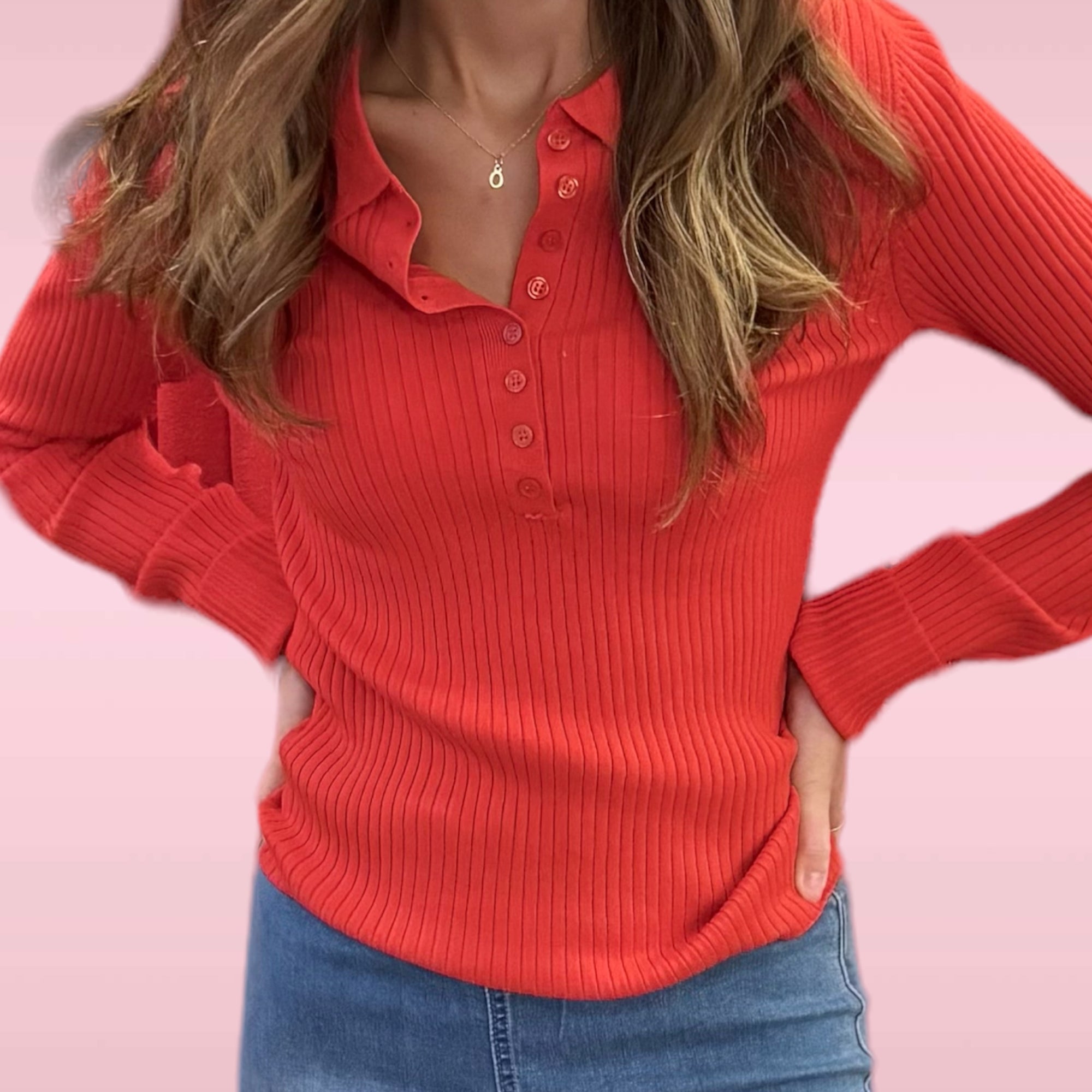RED RIB RIBBED COLLARED BUTTON FRONT TOP